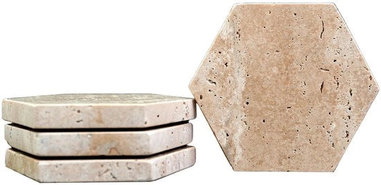 Set di Sostegni in Pietra Naturale Beige Marmero, 4 pezzi, Ø 10 cm, Sostegni a forma esagonale in travertino per tavolo da caffè, soggiorno, arredamento ufficio