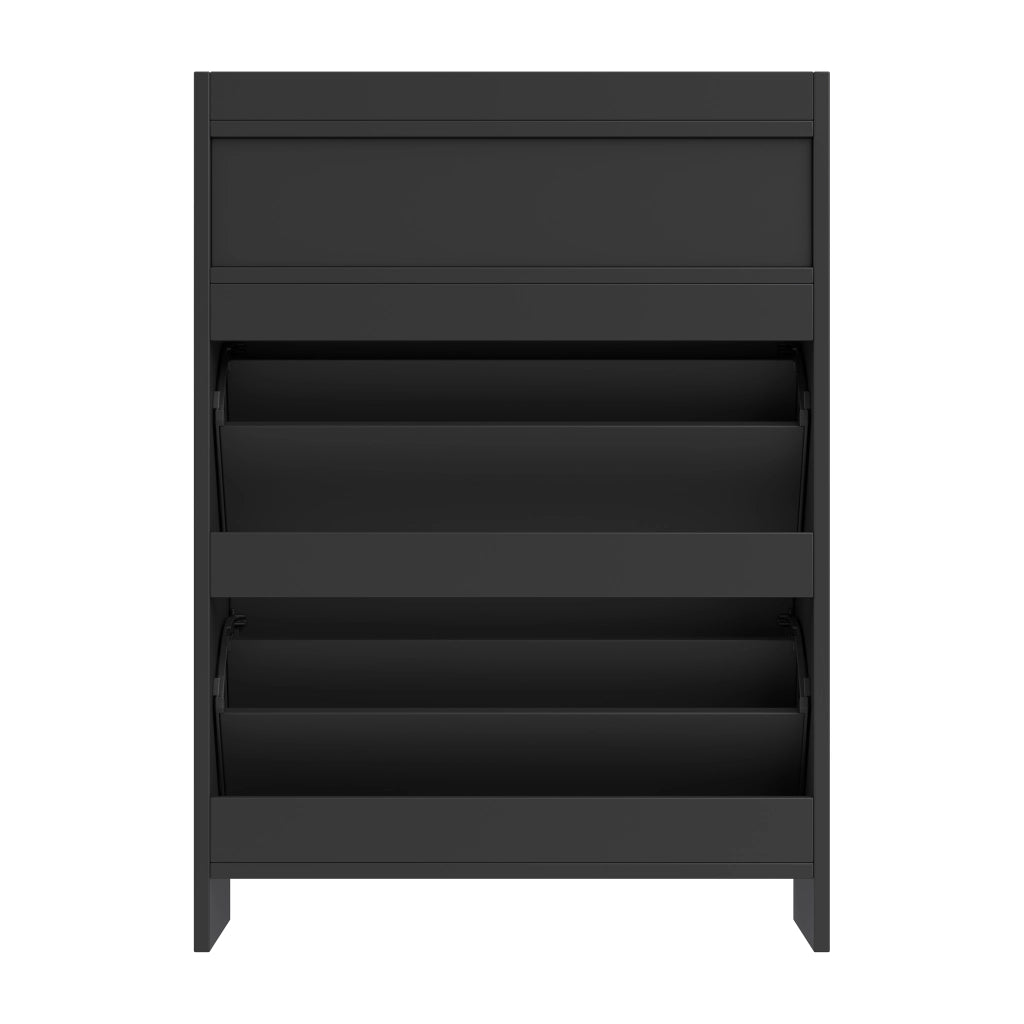 Scarpiera con 2 ante ribaltabili, 1 cassetto e vano aperto, per ingresso, in truciolare, nero, 75 × 24 × 108,5 cm
