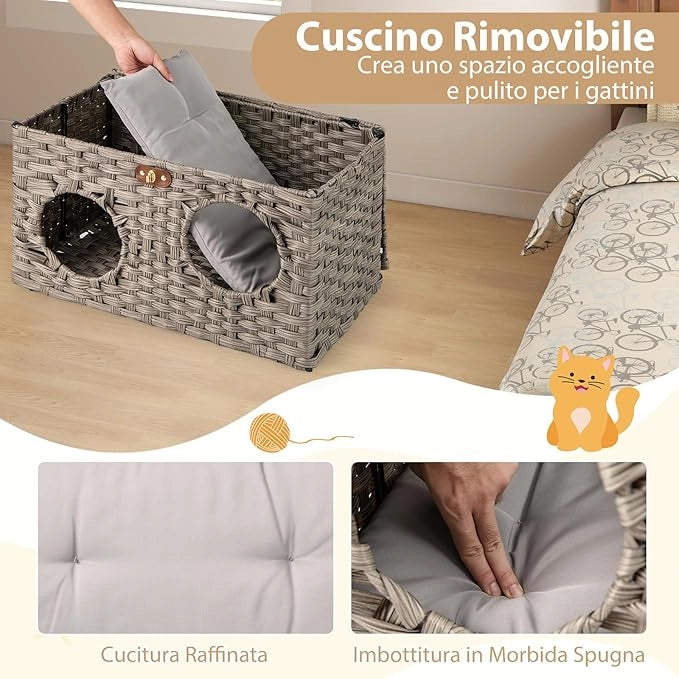 Cuccia per Gatti in Rattan 60 x 35 x 35 cm, Casetta per Gatti con Cuscino Morbido Rimovibile e Coperchio Bloccabile, Comodino per Animali Domestici per Soggiorno e Camera da Letto