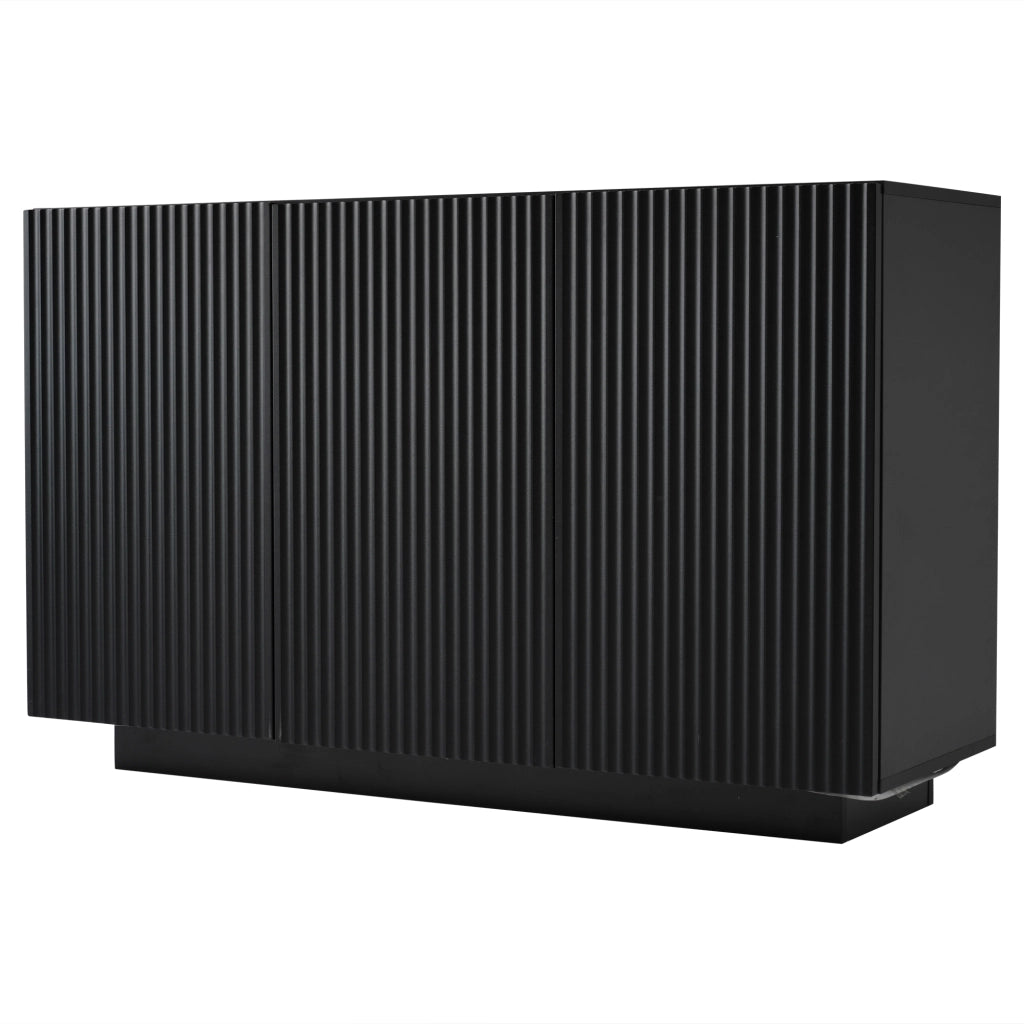 Credenza moderna 120 cm con LED Bluetooth, finitura nera effetto marmo, 3 ante e 6 scomparti