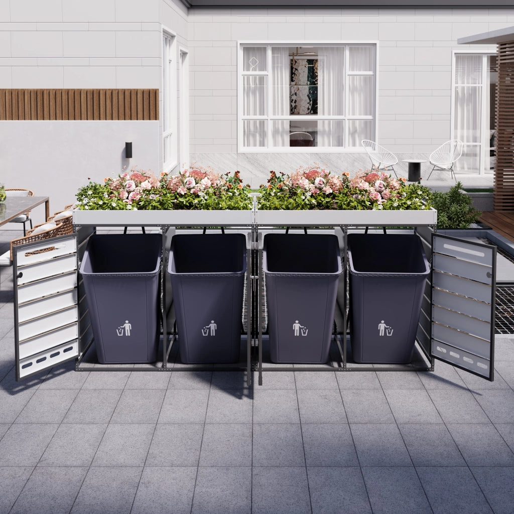 Box Porta Rifiuti con Fioriera, Legno e Metallo, con Serratura ¨C MINIMAL ¨C Grigio