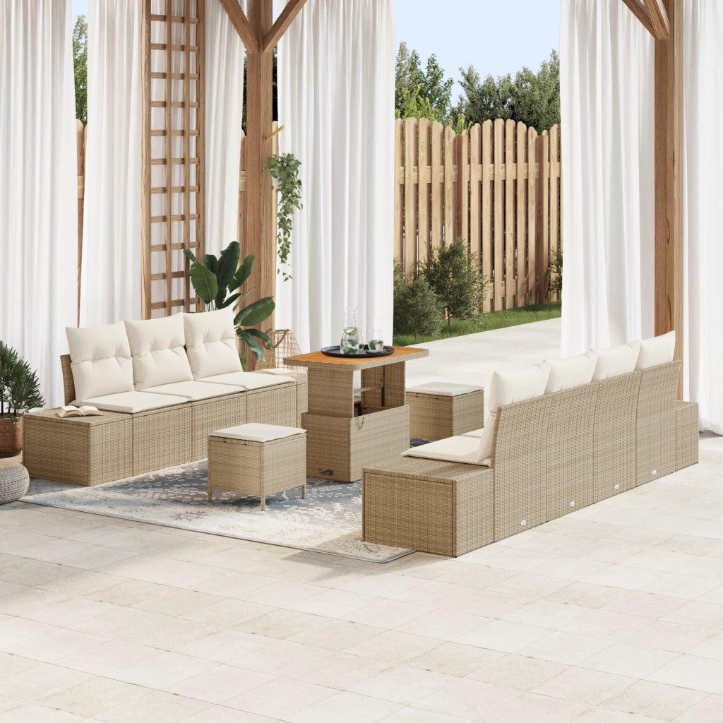 Set Divano da Giardino a 10 Pezzi con Cuscini Beige Polyrattan Acacia