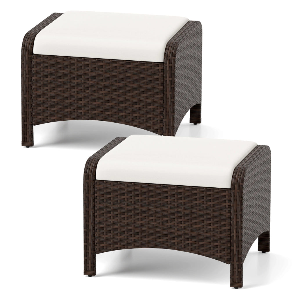 Set di 2 poggiapiedi da giardino in PE rattan con cuscino rimovibile, Pouf da esterno ottomano multiuso Bianco