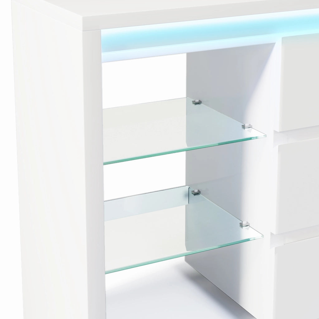Comodino lucido, credenza da sala da pranzo, illuminazione a LED, 6 cassetti, 4 ripiani in vetro, 155 x 40 x 80 cm, bianco