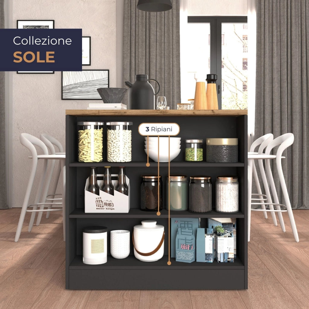 WHOUS Mobile a scaffale Sole con 3 ripiani antracite opaco e rovere 90x90x25 cm