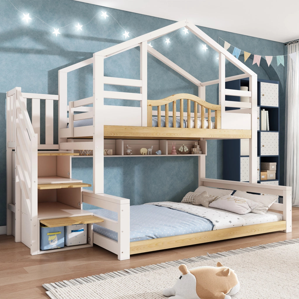 Letto a Castello 90x200 cm e 140x200 cm - Scala Contenitore e Mensole - Bianco