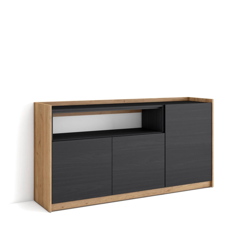 Credenza, Mobile, Cucina, 156x80x37 cm, 3 Porte, grande stoccaggio, Nero e rovere