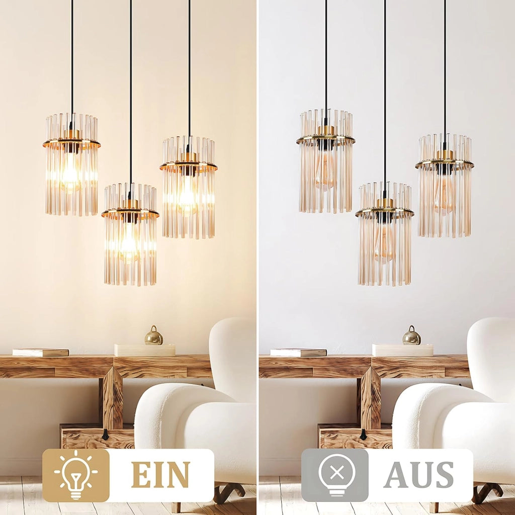 Lampada a sospensione ZMH vintage a 3 fiamme intorno vetro dorato E27 (senza lampadina)