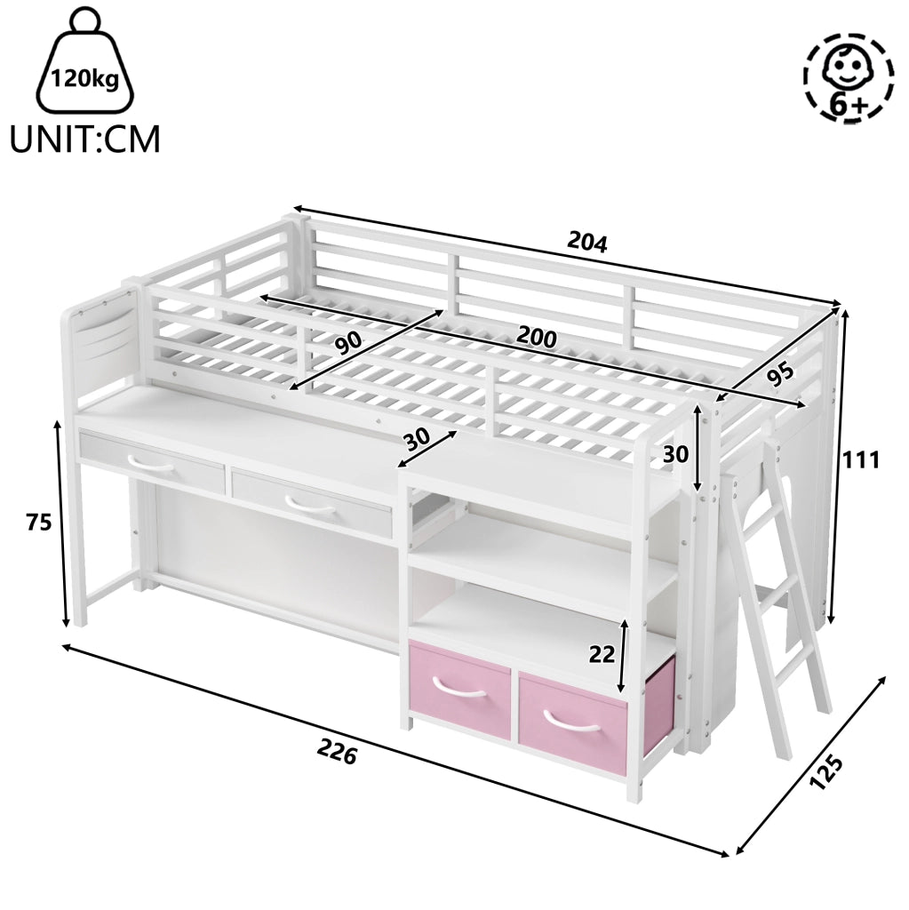Letto a soppalco ULEVR 90x200 cm con scrivania, ripiani, cassetti in tessuto e LED multicolore, bianco