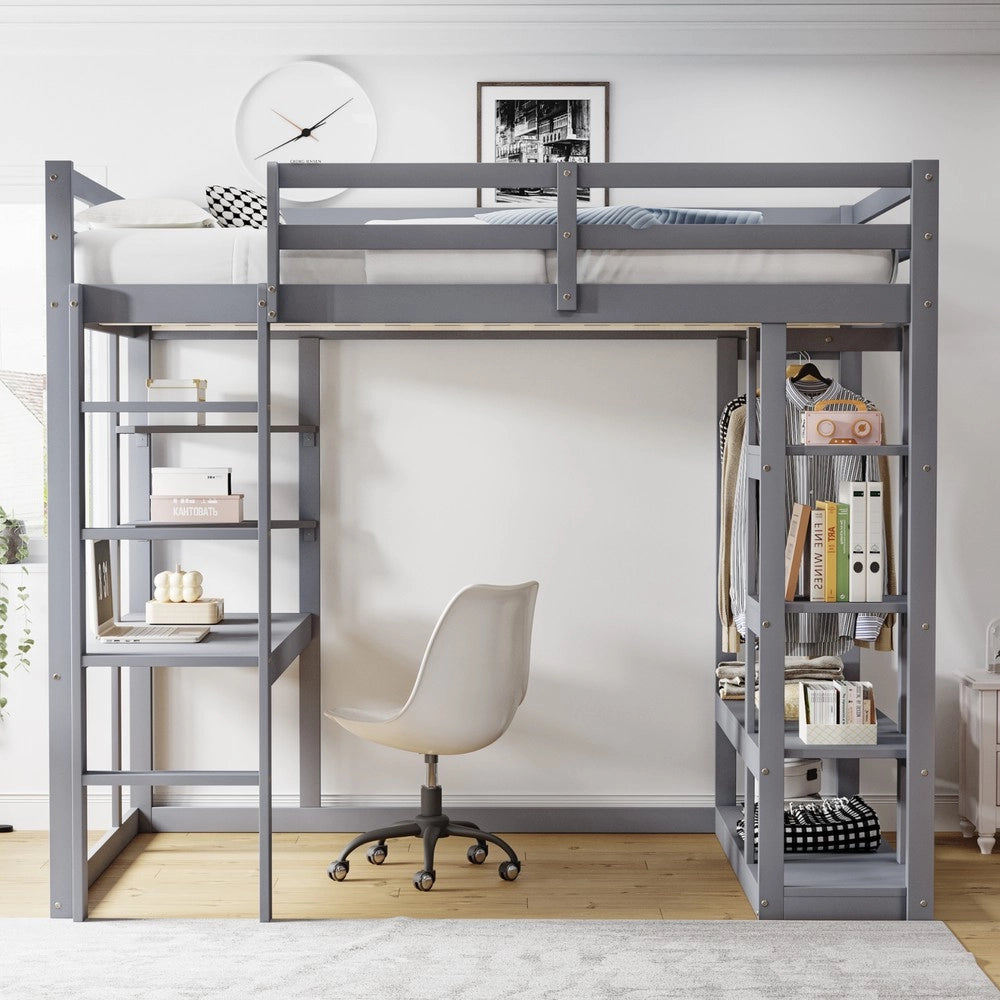 Letto a Soppalco con Scrivania e Ripiani ¨C MINIMAL ¨C Legno Massello Grigio 140x200