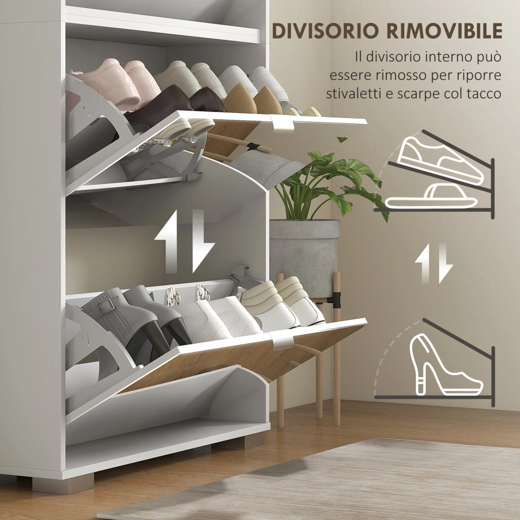Scarpiera Salvaspazio Slim con Specchio e 4 Cassetti 24 Paia di Scarpe 76x26x178 cm Bianco