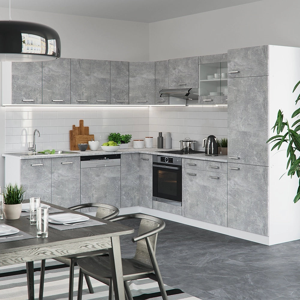 Cucina angolare completa R-Line Calcestruzzo/Bianco 287 x 227 cm senza piano di lavoro Vicco