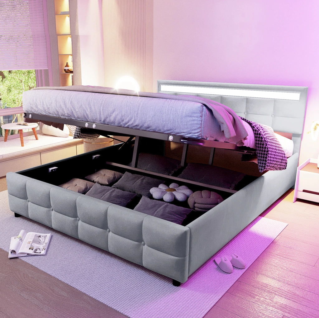 Letto matrimoniale imbottito 180x200 cm con LED; contenitore idraulico; velluto olandese grigio