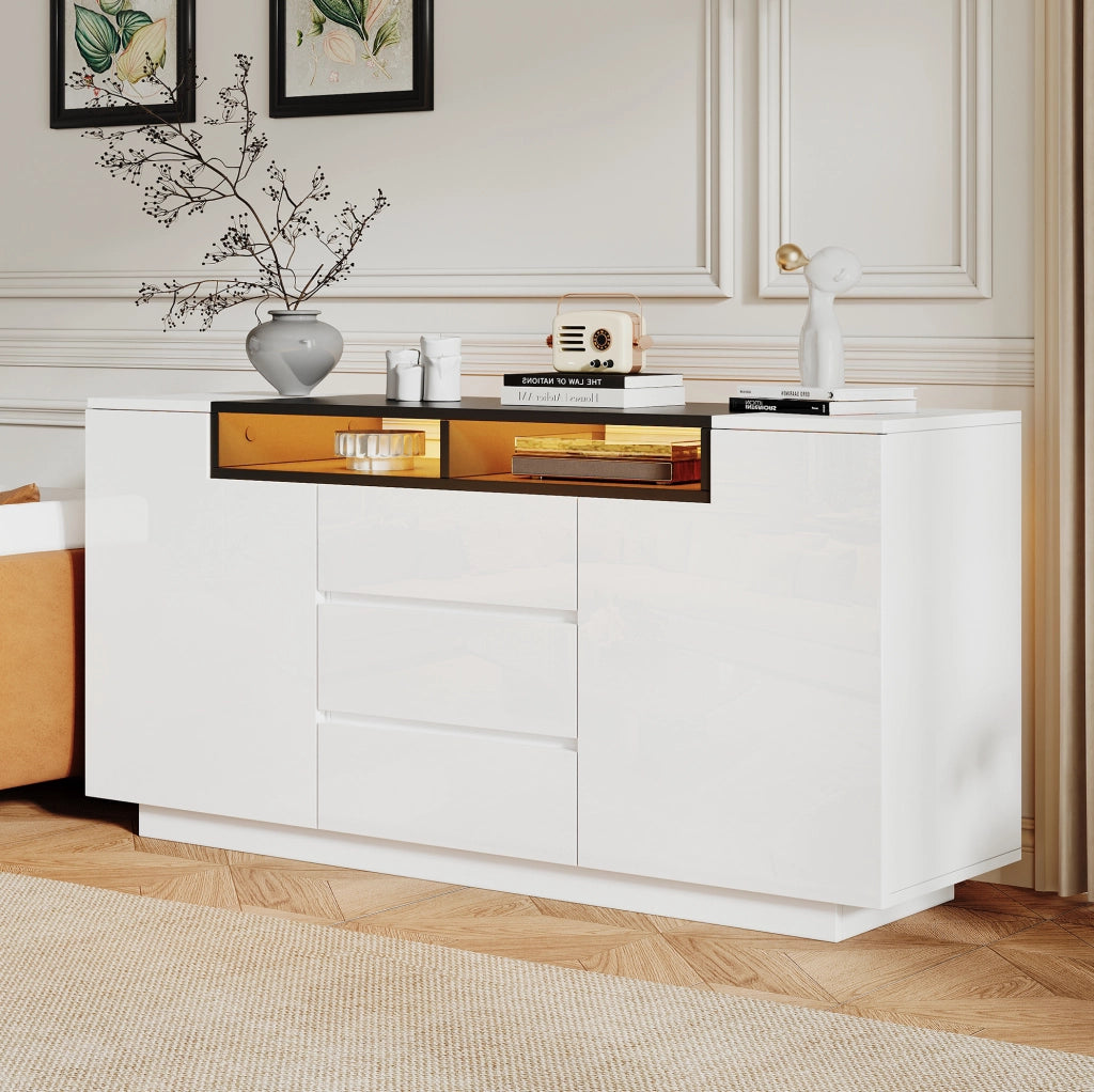 Credenza 140x40x68 cm con LED e ripiani regolabili in truciolato bianco e nero