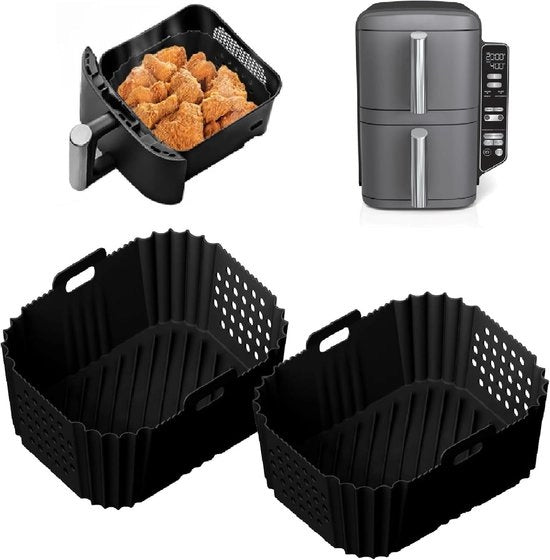 Due pezzi di raccordi per air fryer rettangolari adatti per Double Stack XL - Raccordi riutilizzabili con fori - Set da 2 pannelli di silicone quadrati - nero
