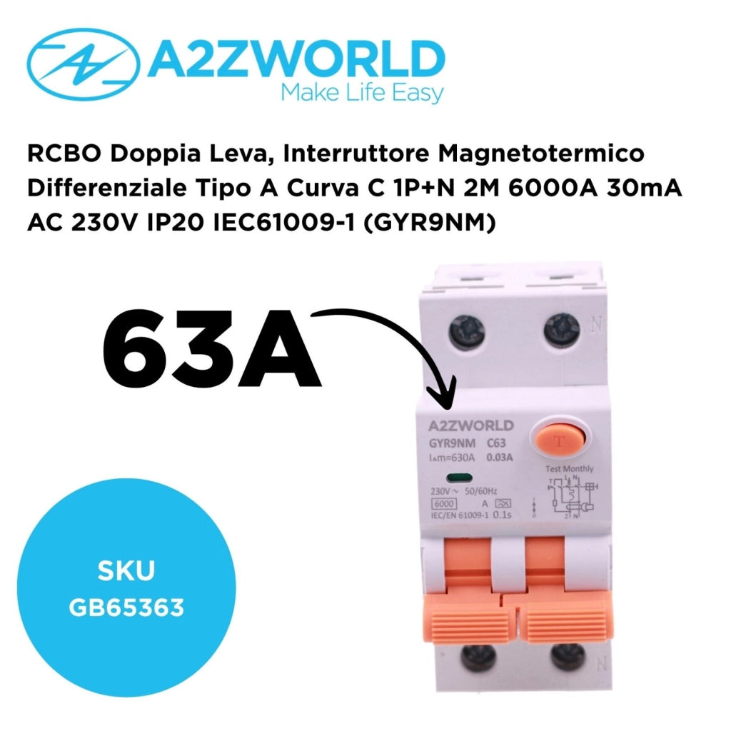RCBO Doppia Leva, Interruttore Magnetotermico Differenziale Tipo A Curva C 1P+N 2M 6000A 30mA AC 230V IP20 IEC61009-1 GYR9NM, Disponibili 40A 50A 63A (C63A)