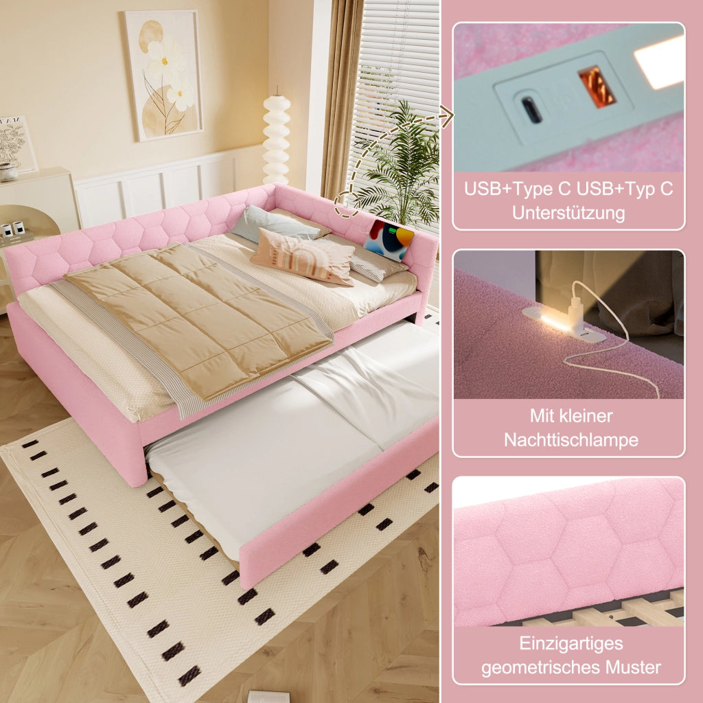 Daybett con funzione divano letto in velluto rosa 140x200 cm