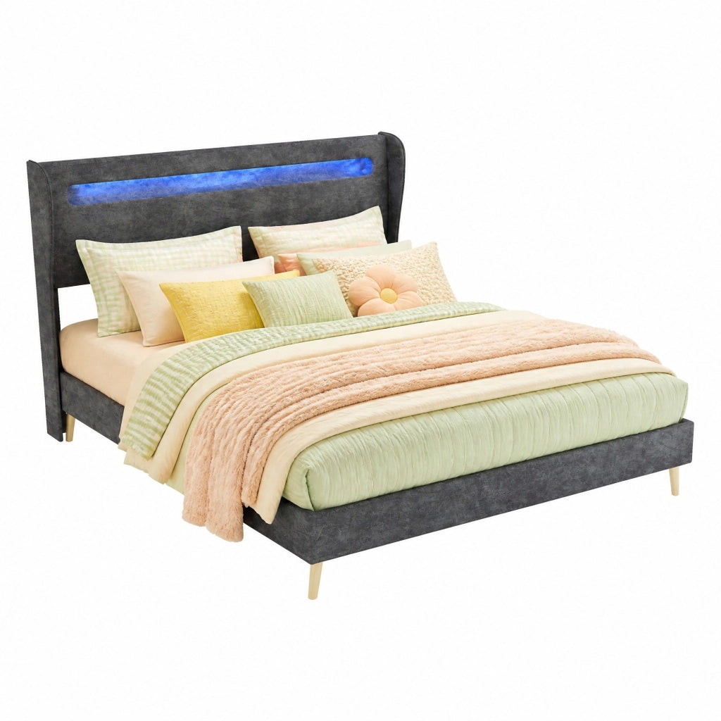 Letto matrimoniale imbottito con LED 160x200 cm in tessuto e metallo; grigio
