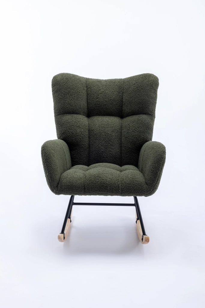 Sedia a dondolo in tessuto teddy con design ergonomico, braccioli e base in legno massello verde scuro
