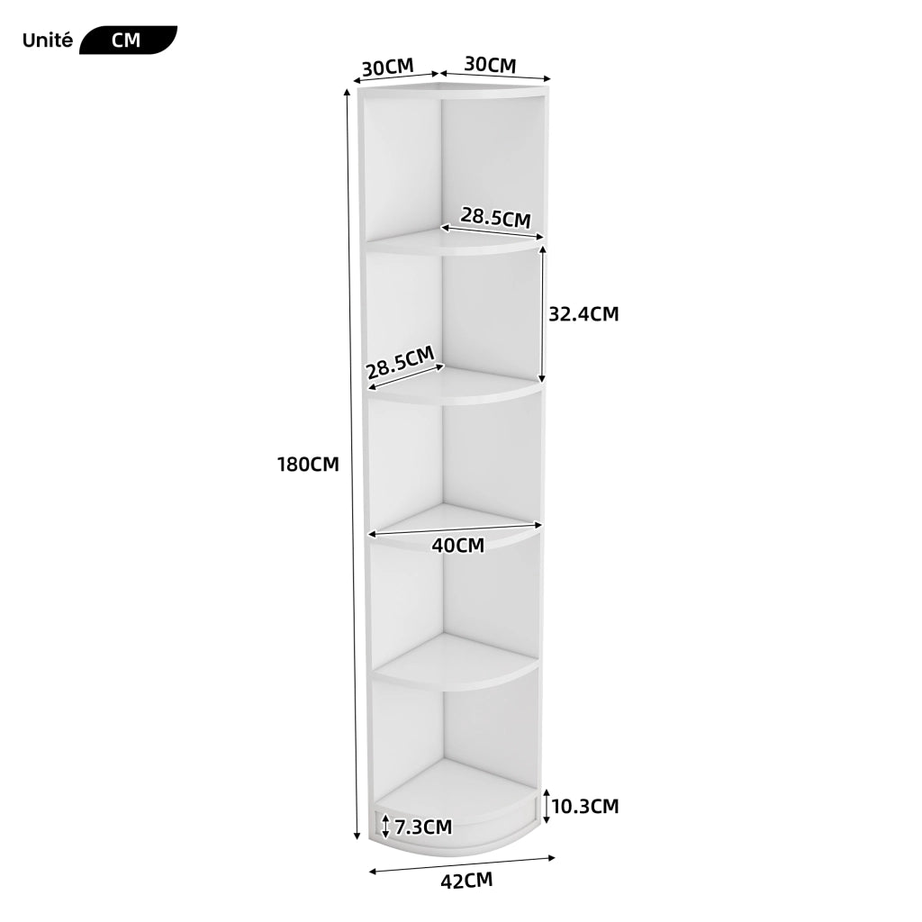 Libreria ad Angolo con 5 Ripiani; Design Triangolare Salvaspazio; Stile Moderno; in MDF; 42×30×180 cm; Bianco