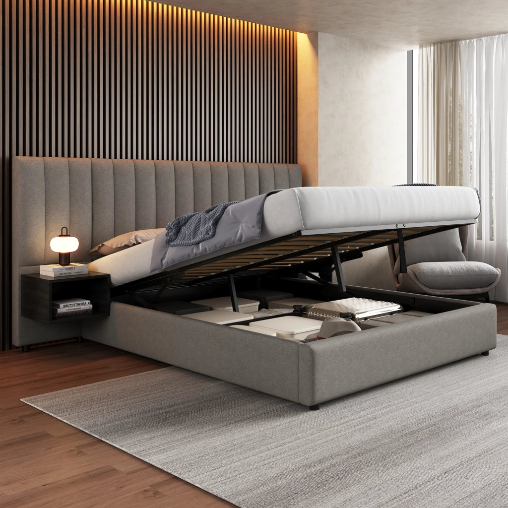 Letto contenitore 160 × 200 cm con due comodini in lino grigio e nero rete a doghe inclusa