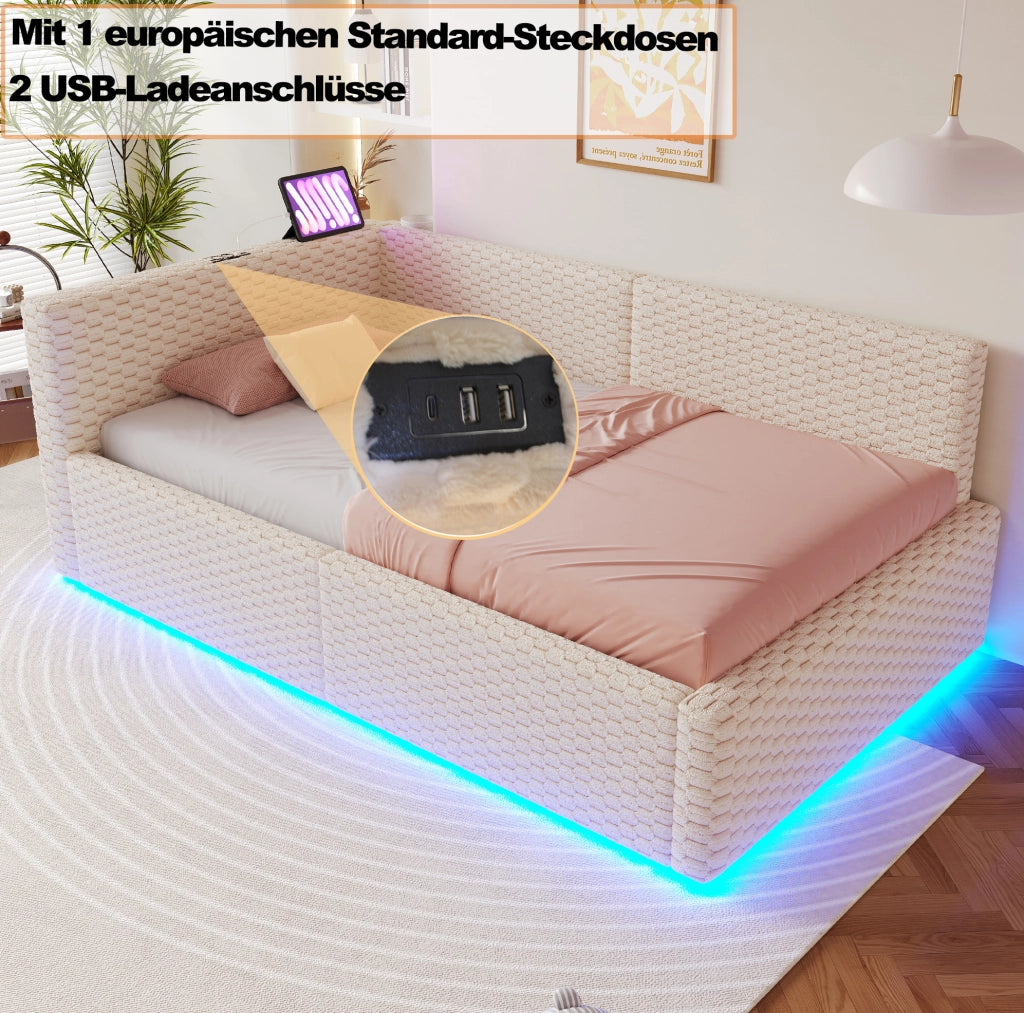 Letto multifunzione 90x200 cm con LED, ricarica USB-C e vano contenitore