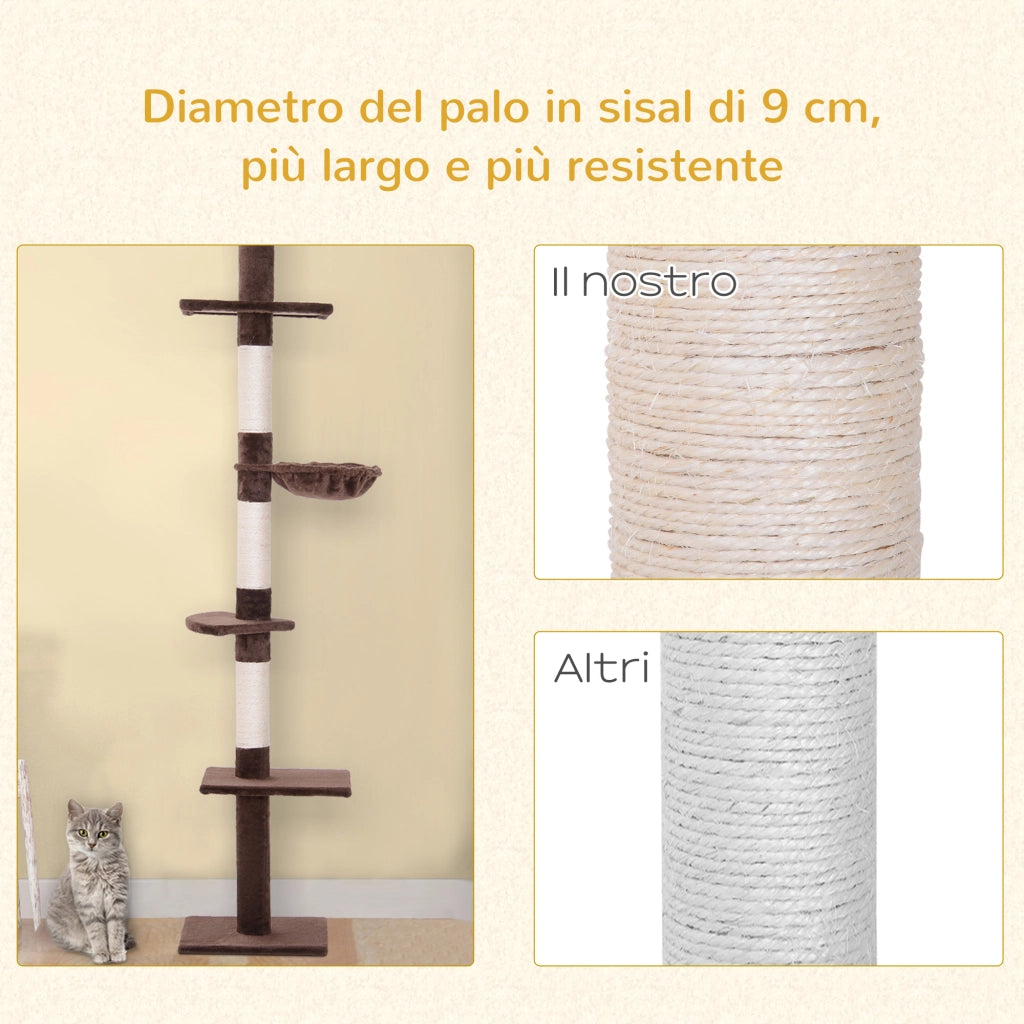 Albero Tiragraffi per Gatti a Soffitto con Amaca ¨C Zephmum ¨C Marrone 40x34x230-260cm