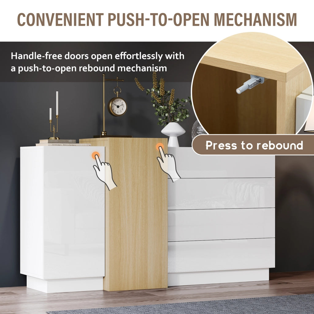 Credenza con 2 ante e 4 cassetti; apertura push - per soggiorno - 140×35×76.5 cm - bianco