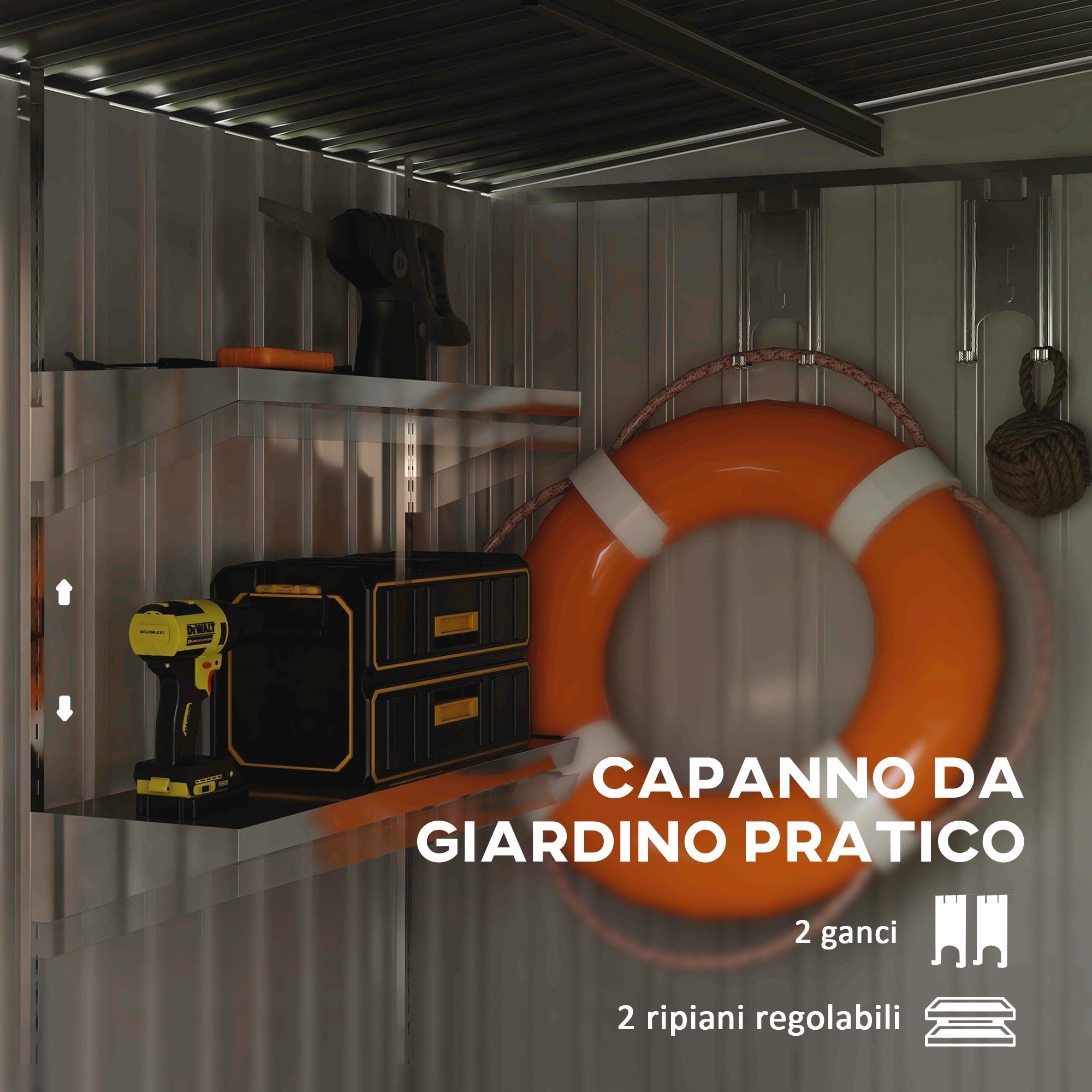 Casetta Box per Attrezzi da Giardino 154L x 206,5P x 160/181A cm con Base in Acciaio zincato Bianco