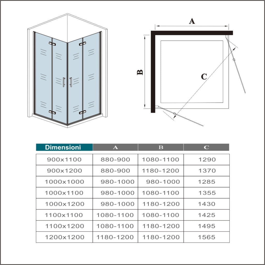 185 cm Box Doccia Angolare 100x120 cm Doppia Porta Battente Pieghevole Vetro Temperato Trasparente 6 mm Anticalcare Telaio Dorato Spazzolato