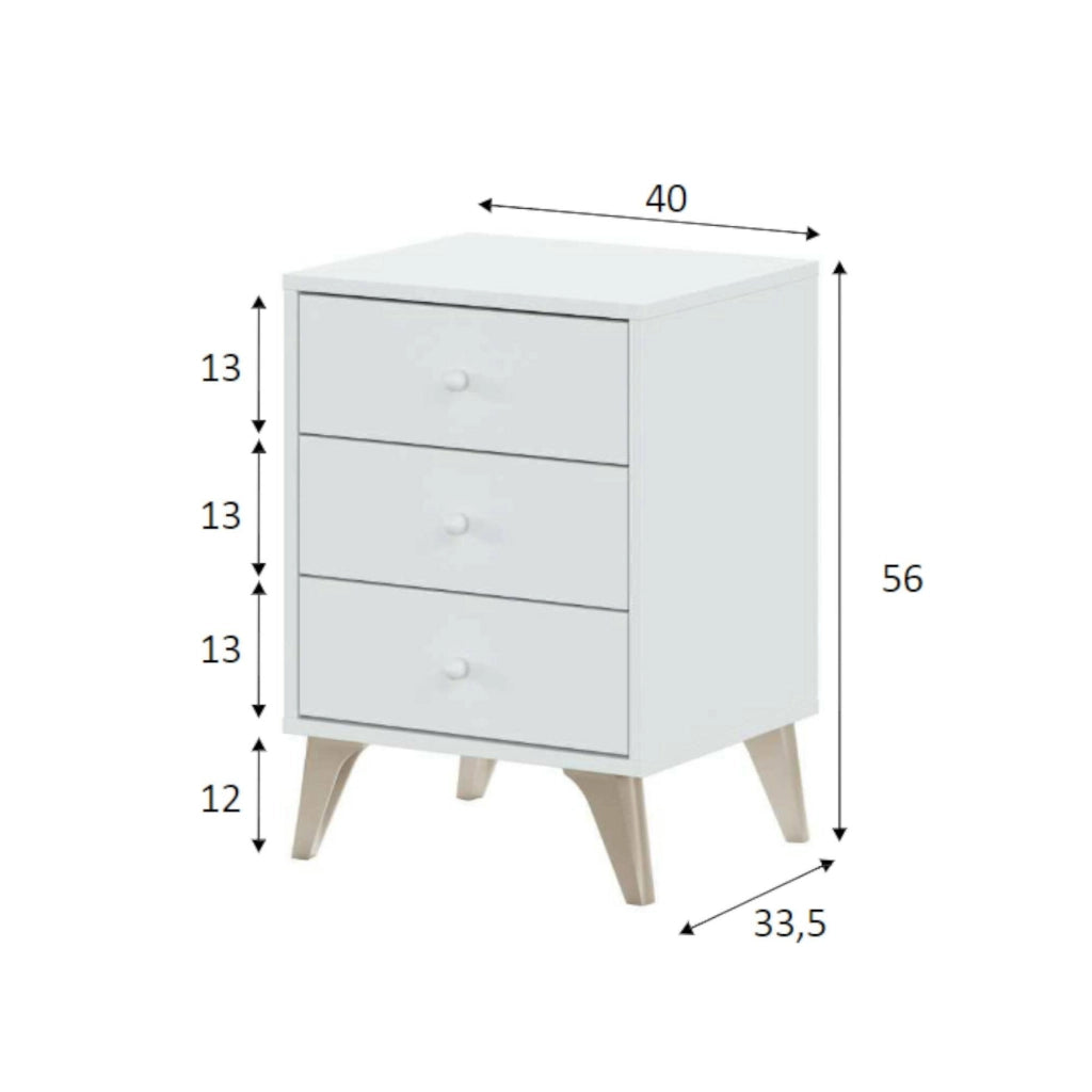 Comodino Attina, Comodino a 3 cassetti, Tavolino da notte, cm 40x34h56, Bianco e Rovere