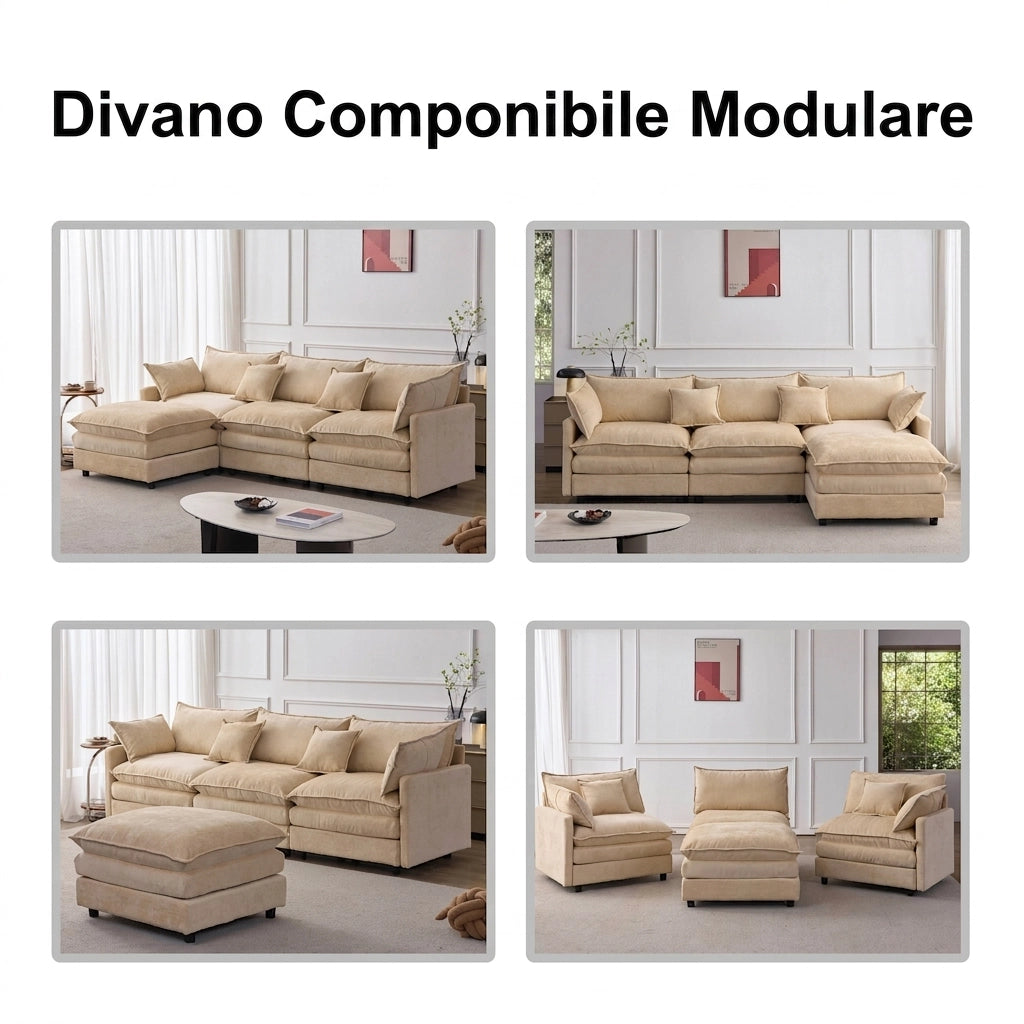 Divano angolare modulare 3 posti con chaise longue e pouf; in ciniglia premium; 267x154x85 cm; nero