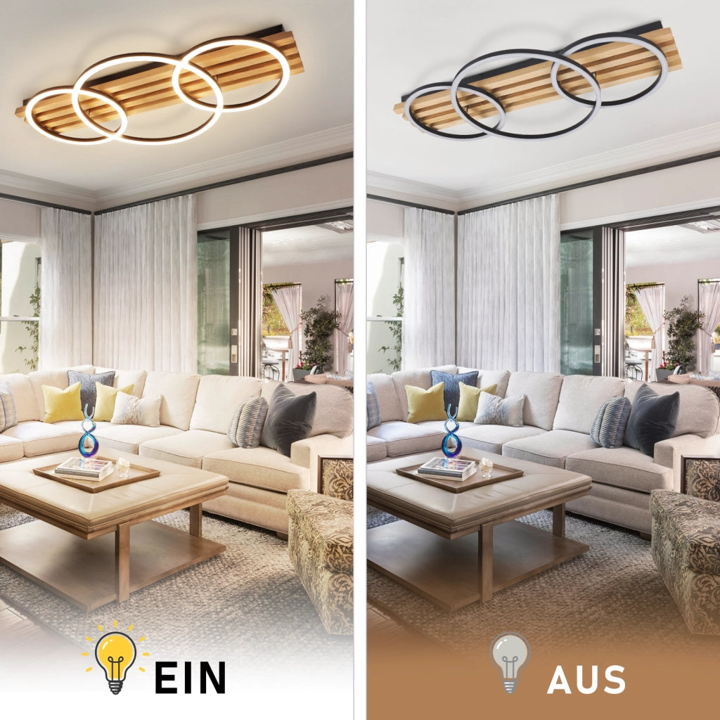 ZMH Lampada da soffitto plafoniera LED legno dimmerabile 70cm 46W 3 anelli design moderno nero telecomando per soggiorno