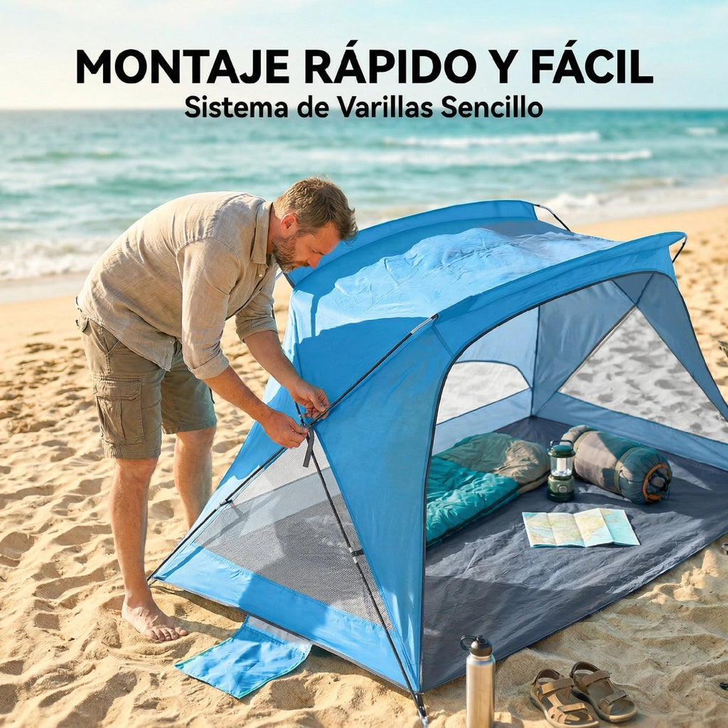 Tenda da spiaggia per 2-3 persone con sacchi di sabbia, porta, finestre, UPF30+ ¨C Minimal ¨C blu cielo