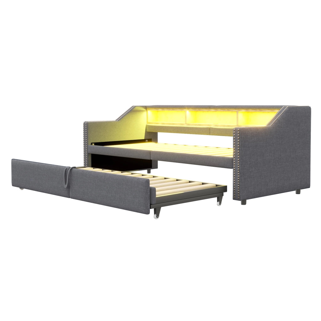 Divano letto imbottito estraibile 90/180 x 200 cm con LED e USB grigio scuro