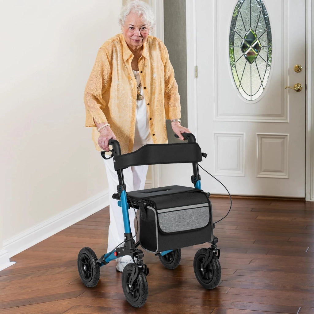Deambulatore Pieghevole per Anziani in Alluminio, Rollator Regolabile in Altezza con Seduta, Schienale e Freni, Girello per Anziani con Borsetta, Carico Massimo 140 kg (Blu)