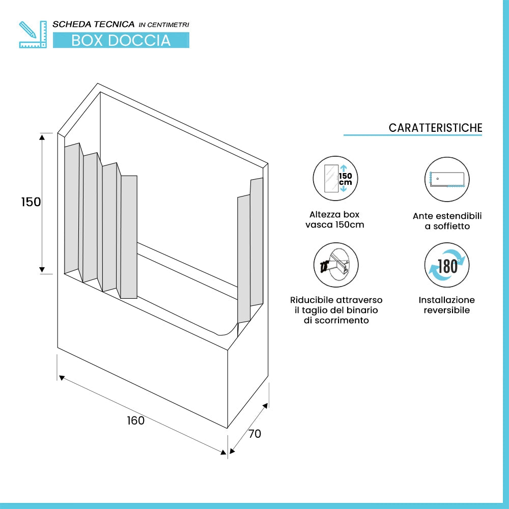 Box vasca angolare 70x160 a soffietto in PVC con apertura centrale Teti