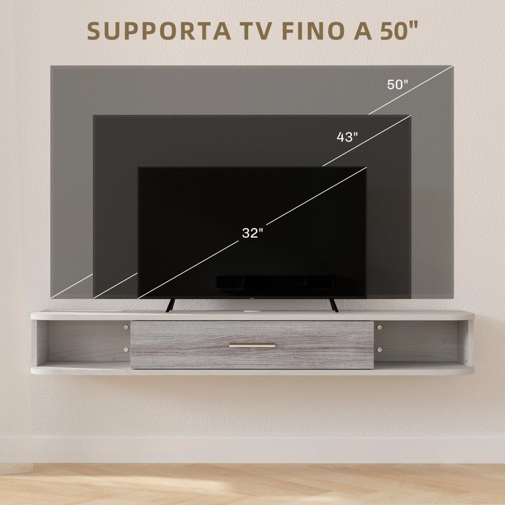 Mobile TV Sospeso 2 Ripiani e 1 Vano Chiuso a Ribalta 120x26x16 cm Bianco e Grigio