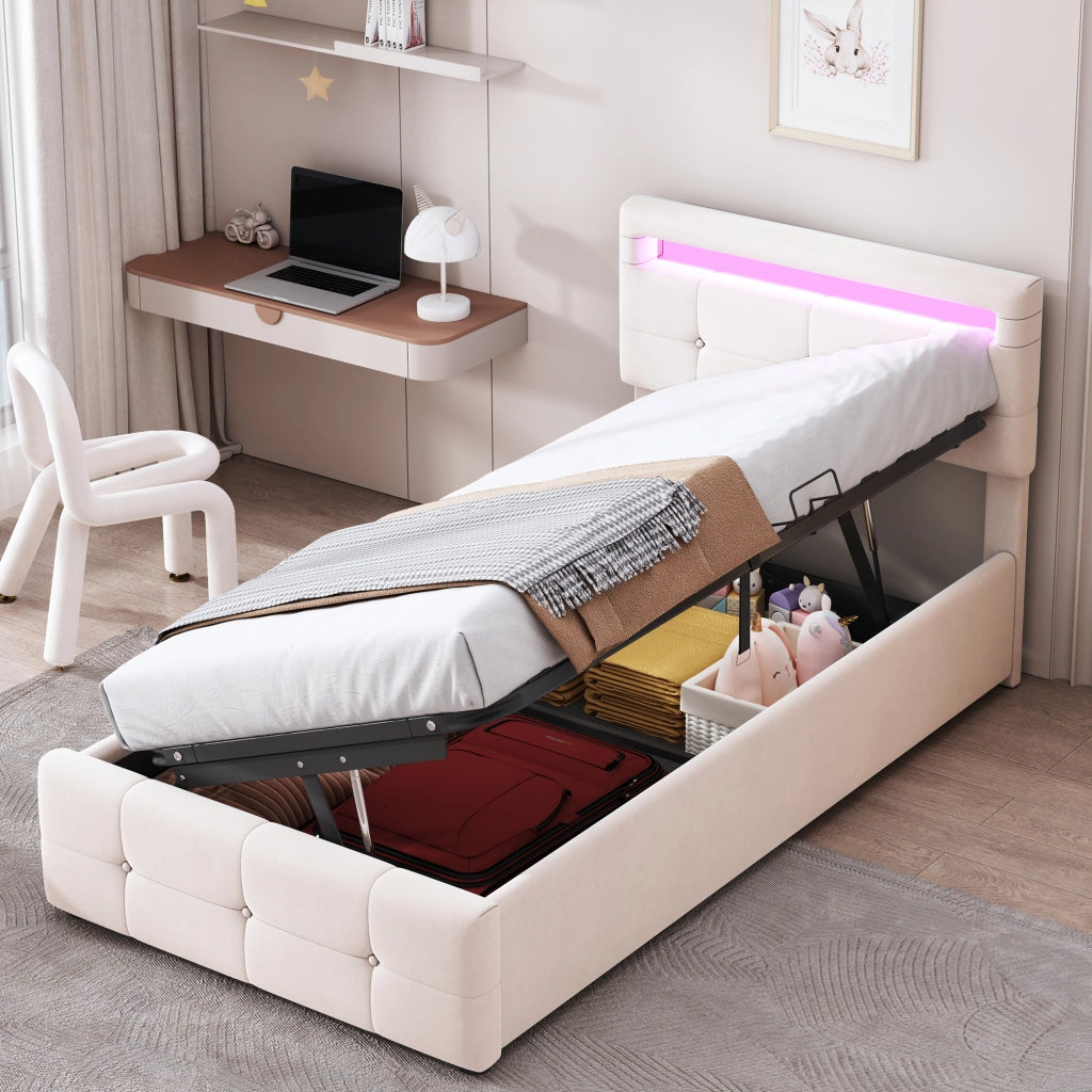 OKWISH Letto Contenitore 90×200 cm, Letto Singolo con LED, Contenitore Idraulico e Testiera Regolabile, senza Materasso, in Velluto, Beige