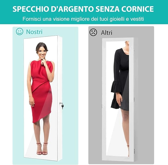 Armadietto per Gioielli con Specchio a Figura Intera LED, Armadio Multiuso con 4 Cassetti 4 Mensole, Organizer Portagioie per Camera da Letto e Cabina Armadio (Bianco)
