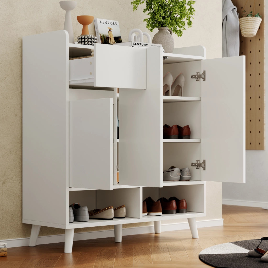 Mobile contenitore moderno con ripiani regolabili e gambe in legno massiccio, bianco, H99 x L90 x P35 cm