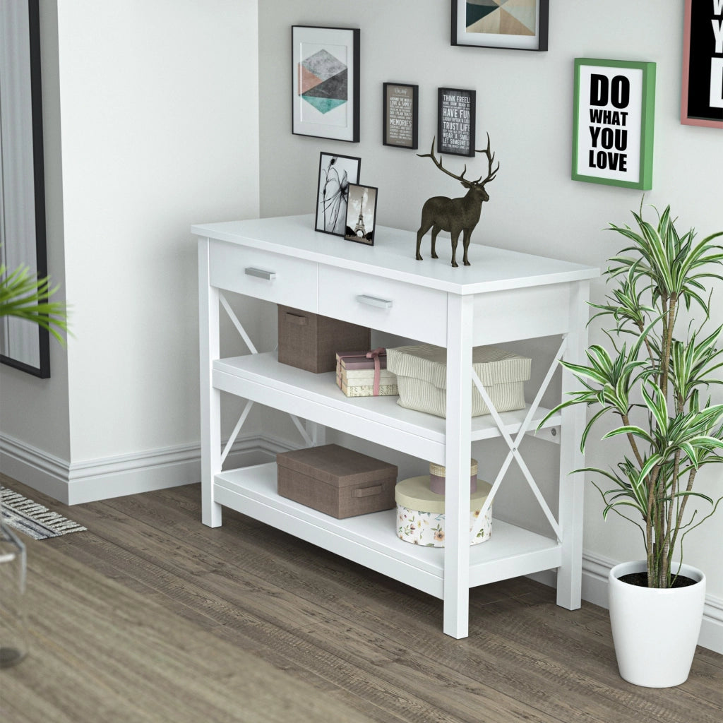 Tavolino da salotto con 2 cassetti e ripiani ¨C zephmum ¨C 105x40x76 cm bianco