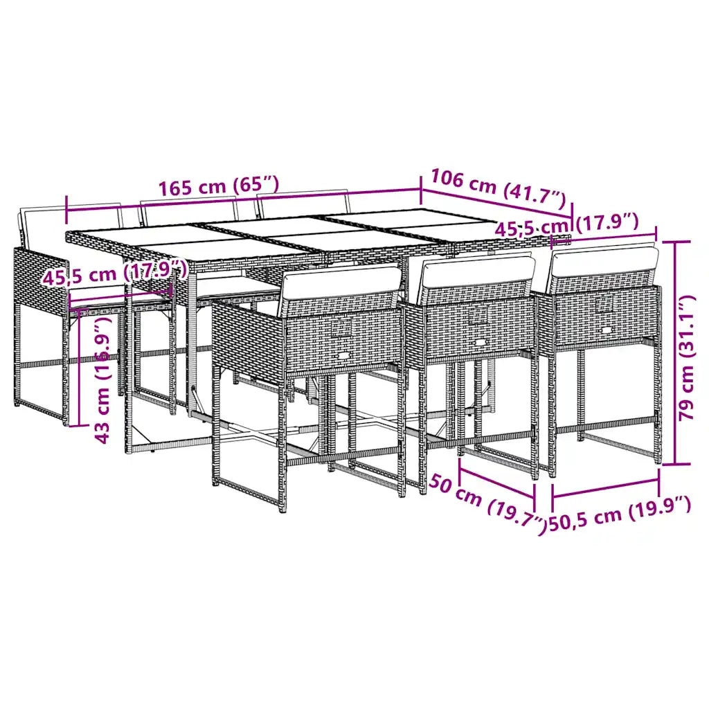 Set da Pranzo da Giardino 7 pz Nero con Cuscini in Polyrattan