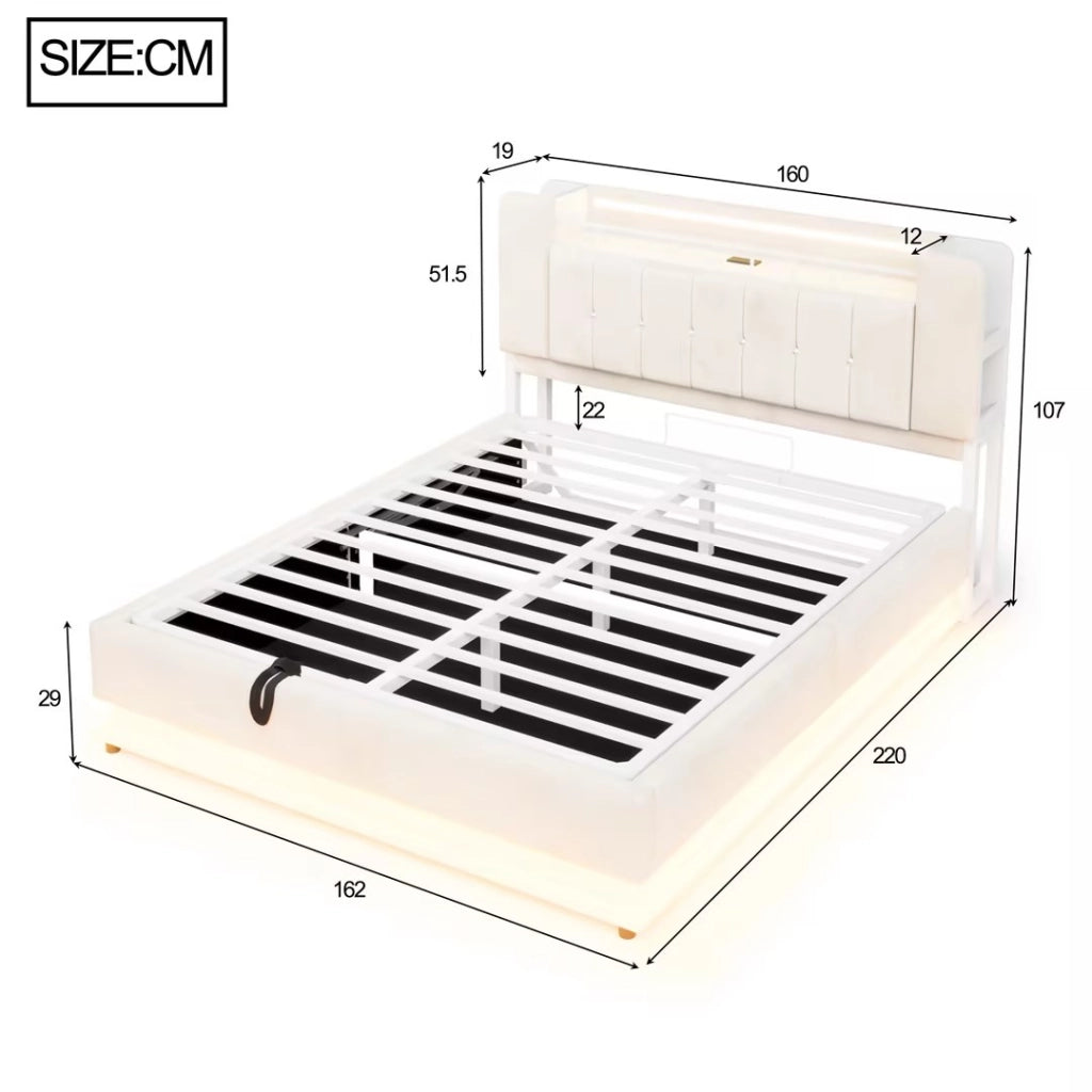 Letto matrimoniale imbottito 160x200 cm con LED; porte USB e contenitore idraulico; beige