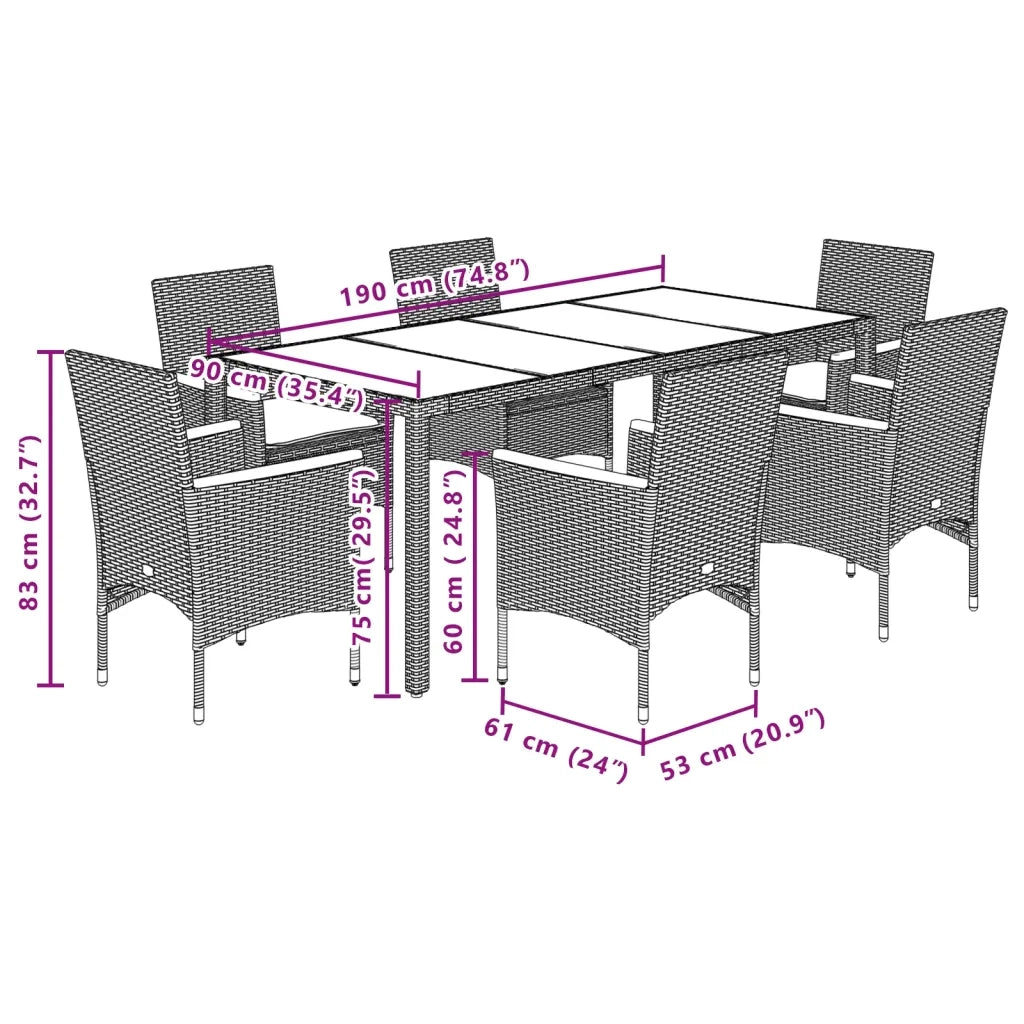 Set Pranzo da Giardino 7pz con Cuscini Polyrattan Acacia Grigio 3278637