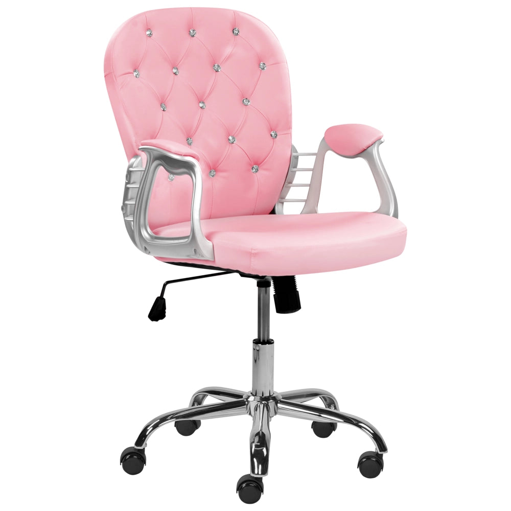 Sedia da ufficio in pelle sintetica rosa con cristalli e altezza regolabile e schienale trapuntato stile retrò moderno