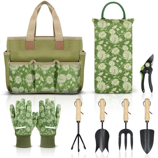 Set di giardinaggio 8 pezzi con maniglie in legno, comprensivo di attrezzi da giardino, ginocchiere, guanti, forbici da potatura, zappa, vanga e coltello per la coltivazione