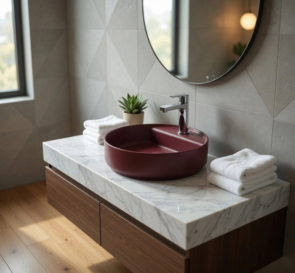 Lavabo tondo da appoggio senza troppo pieno in ceramica con foro rubinetto - Bordeaux Opaco
