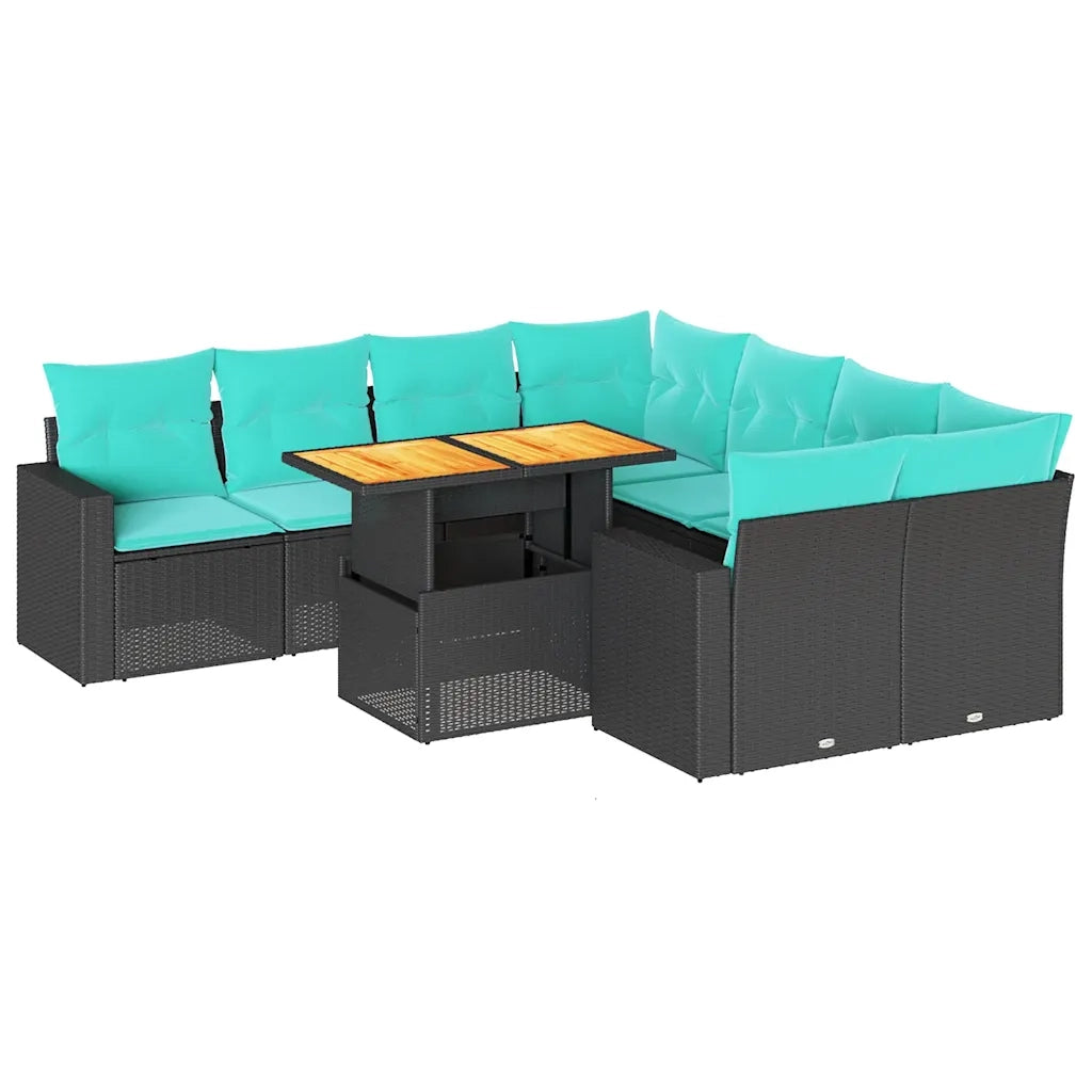 Set Divani da Giardino 9 pz con Cuscini Nero in Polyrattan