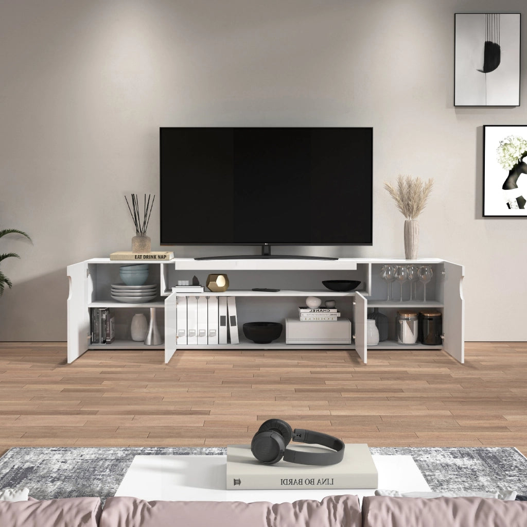 WHOUS Mobile porta TV Real con 4 ante e 1 vano aperto bianco lucido 240x40x60 cm